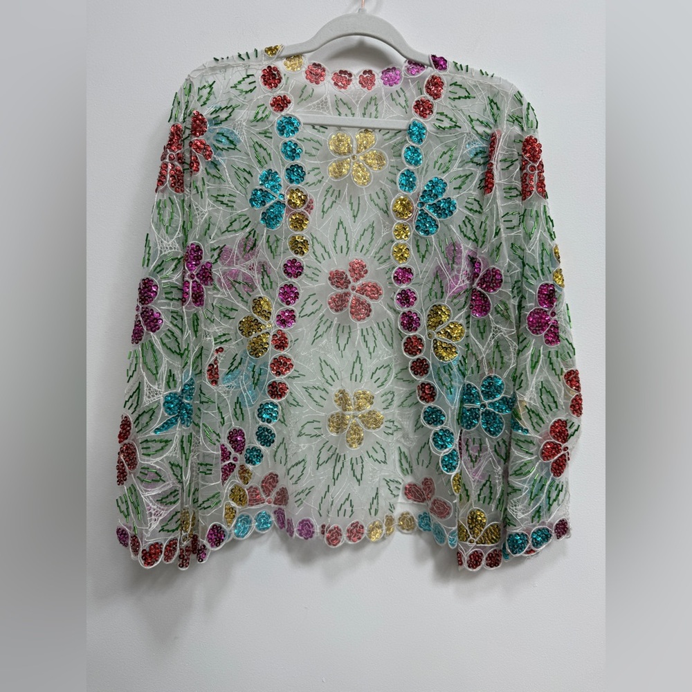 Beautiful sequined jacket, Floral Embroidered design Sheer Top, no label.
